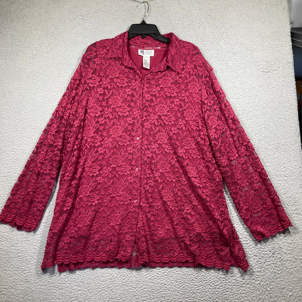 Vtg Maggie Sweet Lace Top Women 1X Pink Floral Button Front Scalloped 2pc Set